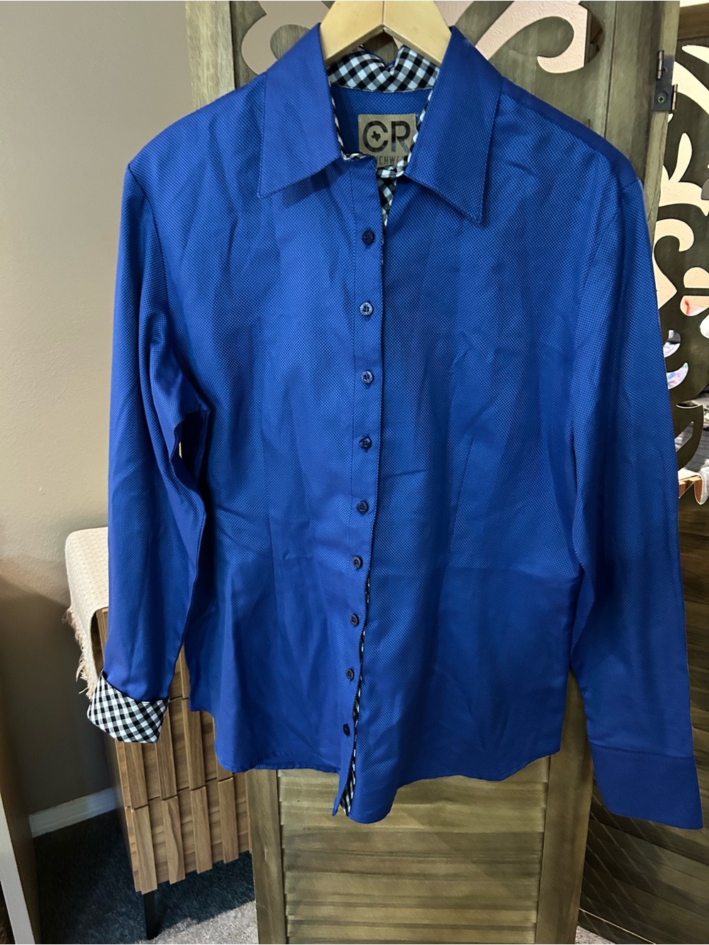 CR Ranchwear Blue with Gingham Trim Long Sleeve Button Down Shirt Size Large